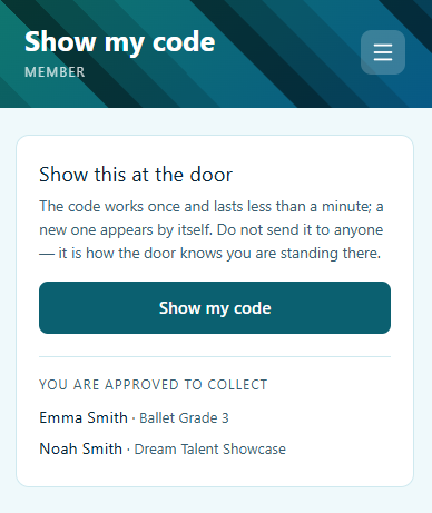 The Show my code screen listing the children this member is approved to collect