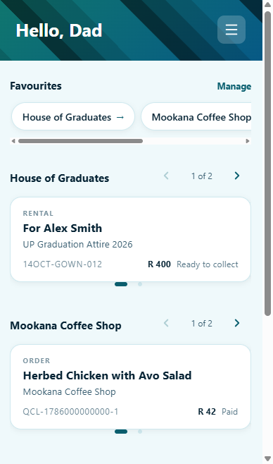 The member dashboard: a rental, an order and an event, each under its own business