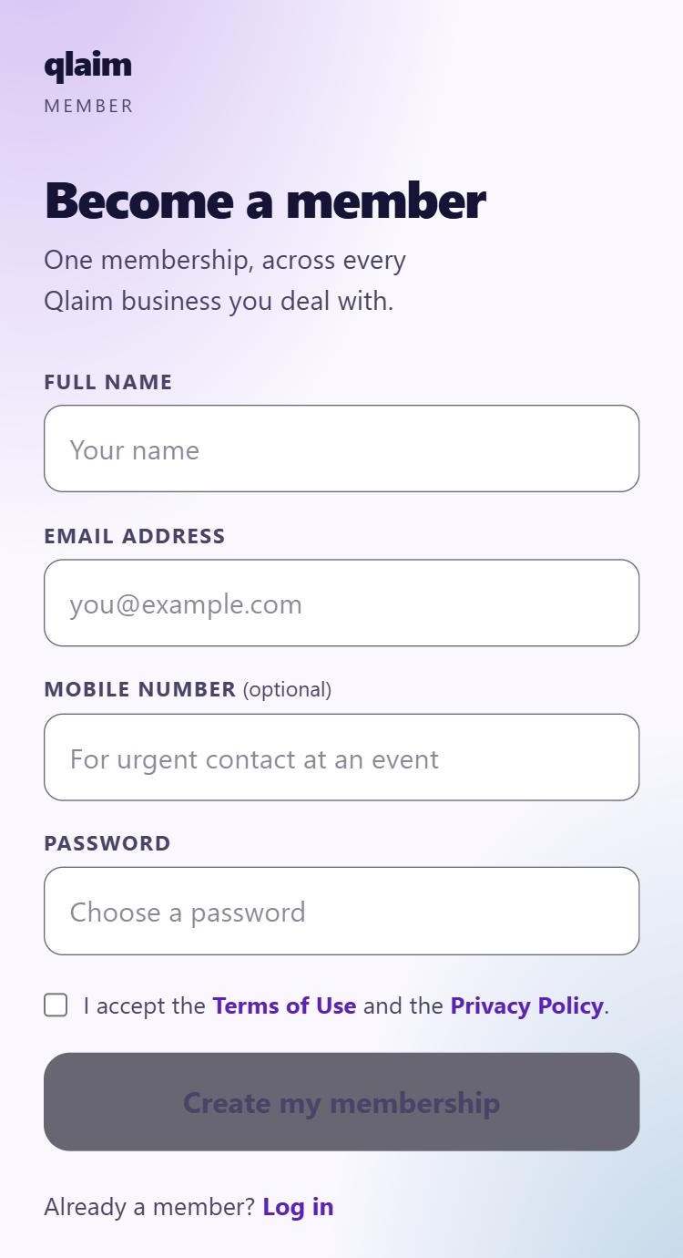 The Become a member form: full name, email, mobile (optional), password